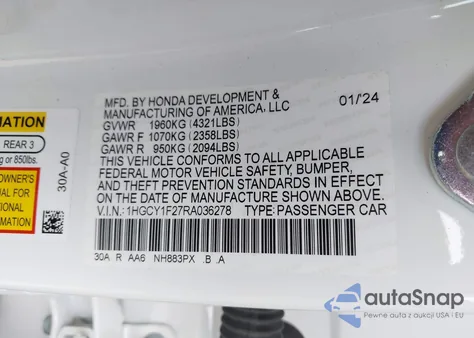 2024 Honda Accord Lx z USA, uszkodzony, nr VIN 1HGCY1F27RA036278